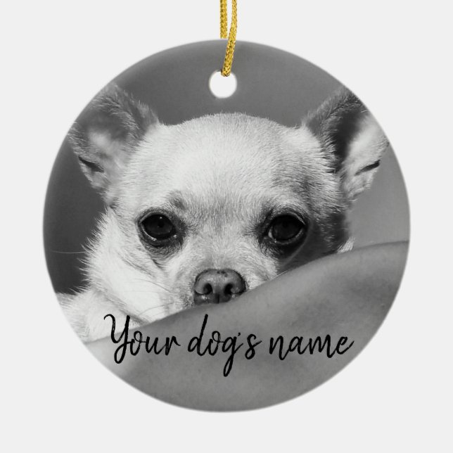 Personalized black and white chihuahua ceramic tree decoration (Front)
