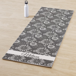 Personalized Black and White Floral Yoga Mat