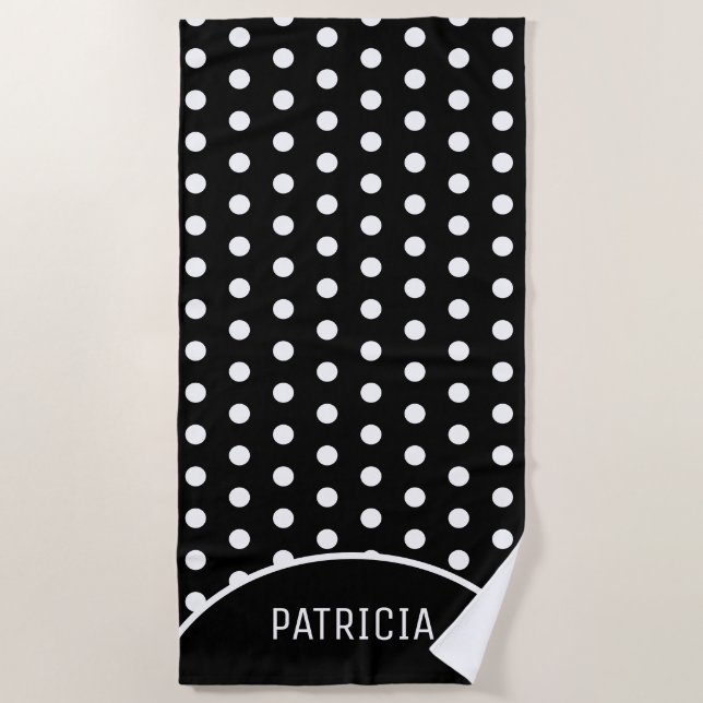 Personalized Black And White Polka Dot Beach Towel (Front)