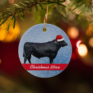Personalized Black Angus and Santa Hat Ceramic Tree Decoration