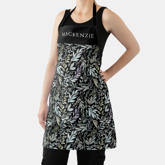 Personalized Black Botanical Watercolor Pattern Apron (Insitu)