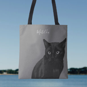 Personalized Black Cat Art Grey Tote Bag