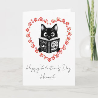 Personalized Black Cat Book Lover Valentine's Card