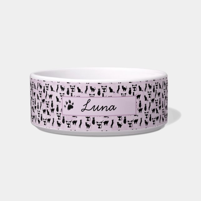 Personalized Black Cat Illustrations Pet Bowl (Front)