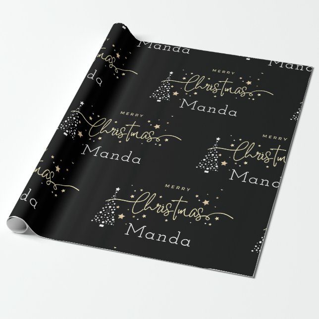 Personalized Black Elegant Script Merry Christmas Wrapping Paper (Unrolled)
