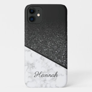 Personalized Black Glitter - White Marble Case-Mate iPhone Case