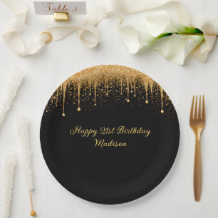Personalized Black Gold Dripping Glitter Birthday Paper Plate