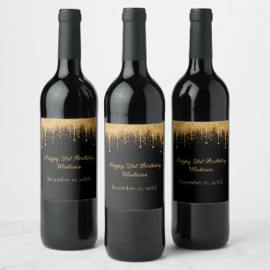 Personalized Black Gold Dripping Glitter Birthday Wine Label