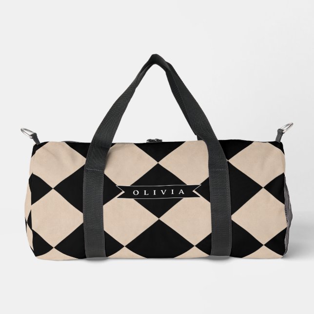 Personalized Black Harlequin Checkered Diamond Duffle Bag (Front)