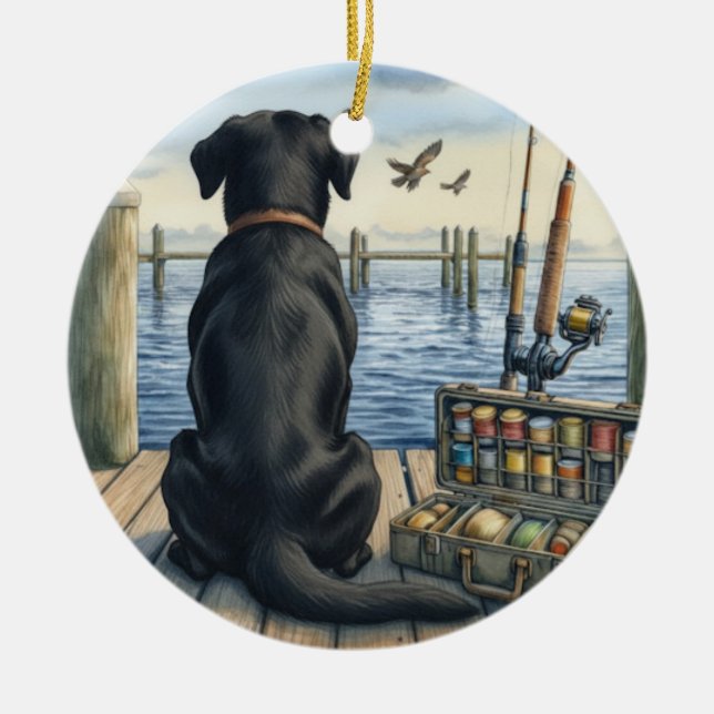 Personalized Black Lab fishing Pet Memorial  Ceramic Tree Decoration (Front)