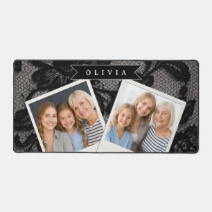 Personalized Black Lace Floral Elegant Monogram Desk Mat