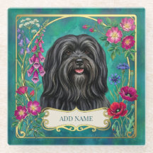 Personalized Black Lhasa Apso Floral Glass Coaster