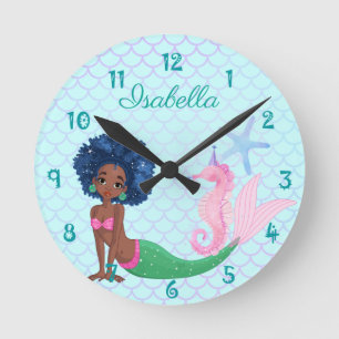 Personalized Black Mermaid  Round Clock
