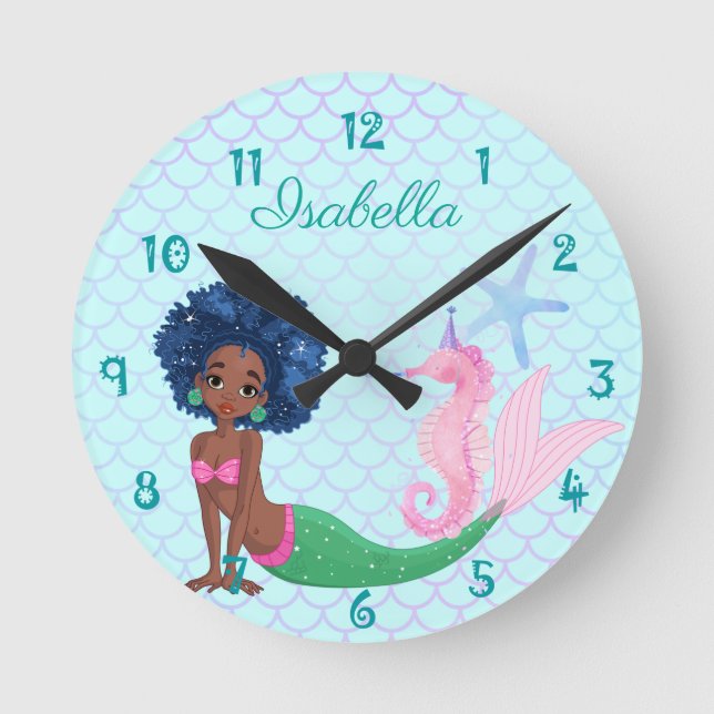 Personalized Black Mermaid  Round Clock (Front)