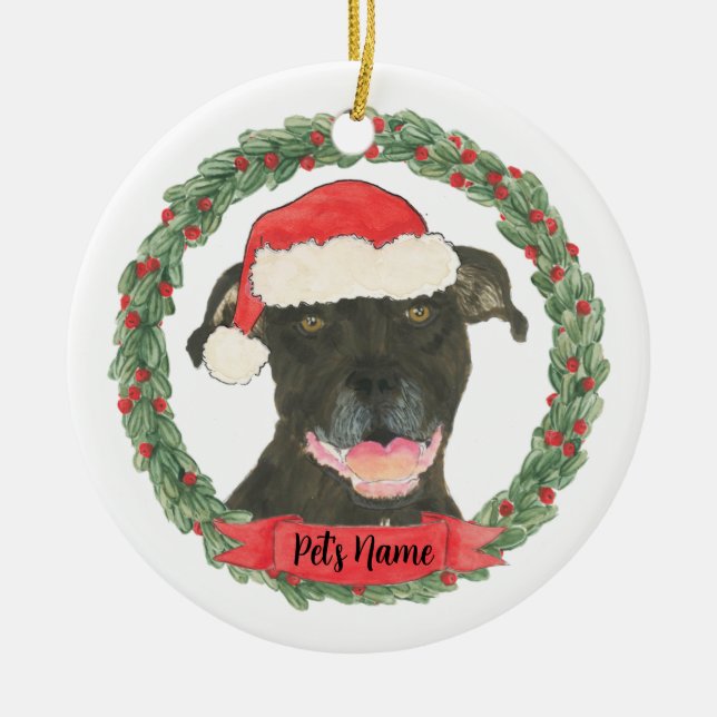 Personalized Black Pitbull Staffy Santa Christmas Ceramic Tree Decoration (Front)