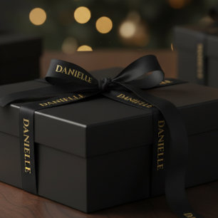 Personalized Black Ribbon with Gold Name Text Satin Ribbon