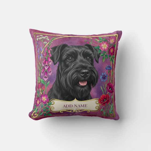 Personalized Black Schnauzer Pink Floral Cushion (Front)