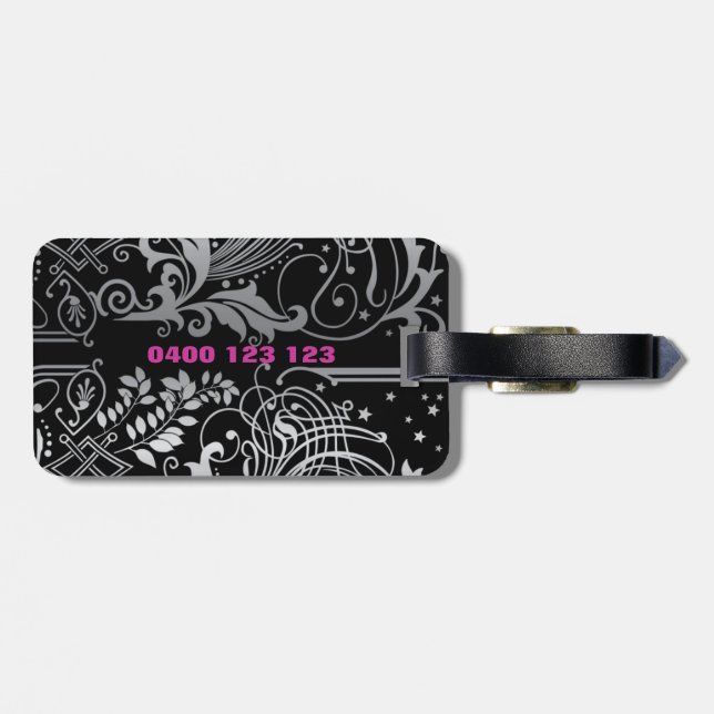 Personalized Black Swirl Luggage Tag (Back Horizontal)