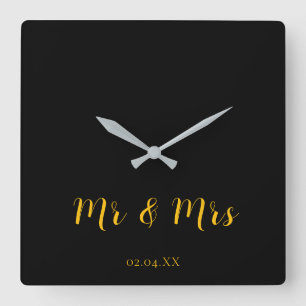 Personalized Black w/ Yellow Mr & Mrs Square Wall Clock