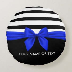 Personalized Black, white Bold Stripes Blue Bow Round Cushion
