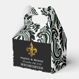 PERSONALIZED BLACK WHITE & GOLD FLEUR DE LIS FAVOUR BOX