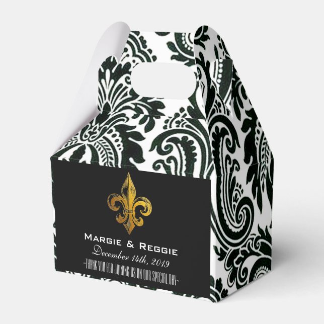 PERSONALIZED BLACK WHITE & GOLD FLEUR DE LIS FAVOUR BOX (Front Side)