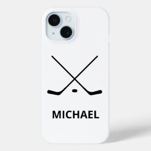 Personalized black white Hockey Sticks and Puck iPhone 15 Case
