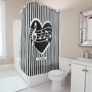 Personalized Black White Music Notes Heart Stripes Shower Curtain