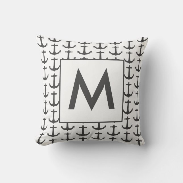 Personalized black white Nautical Anchor Cushion (Front)