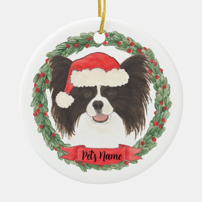 Personalized Black & White Papillon Christmas Ceramic Tree Decoration (Front)