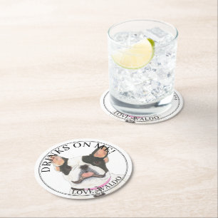 Personalized Black White Pied Frenchie Bulldog Round Paper Coaster