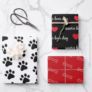 Personalized Black White Red Dog Themed Holiday  Wrapping Paper Sheet