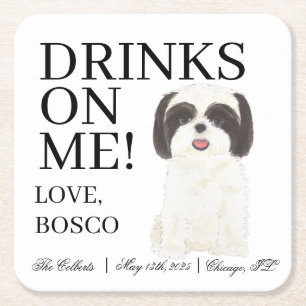 Personalized Black White Shih Tzu Wedding Square Paper Coaster