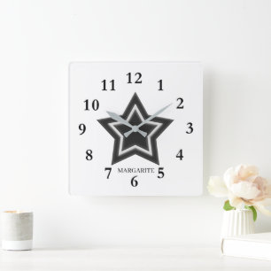 Personalized Black & White Star Square Wall Clock