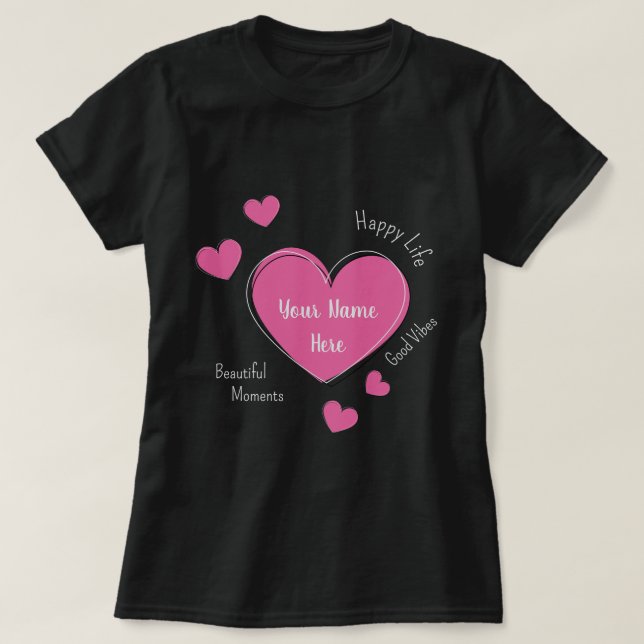 Personalized Black Women’s T-Shirt with Pink Heart (Design Front)