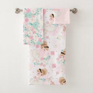 Personalized Blonde Ballerina Pink Floral Bath Towel Set