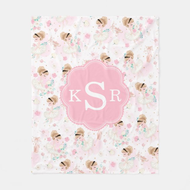 Personalized Blonde Ballerina Pink Floral Fleece Blanket (Front)