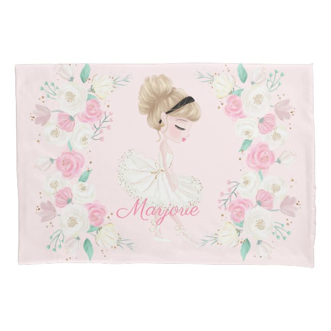Personalized Blonde Ballerina Pink Floral Pillowcase (Front)