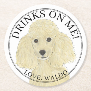 Personalized Blonde Tan Golden Poodle Dog Wedding Round Paper Coaster