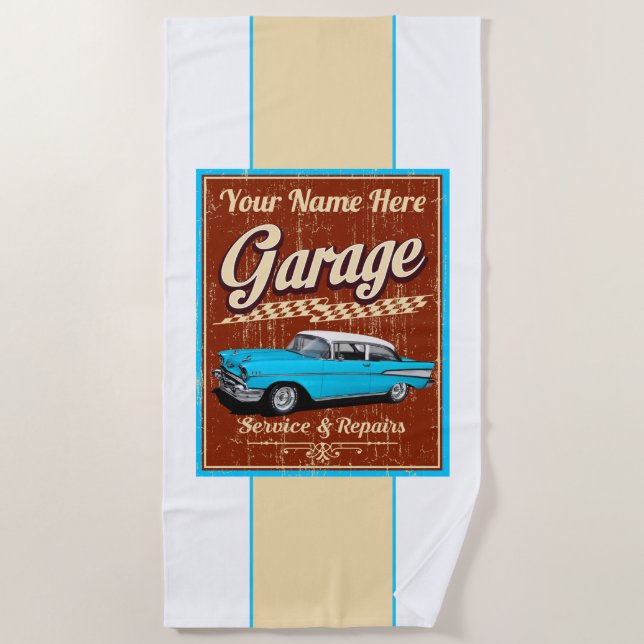 Personalized Blue 1957 Classic Car Garage Beach Towel (Front)