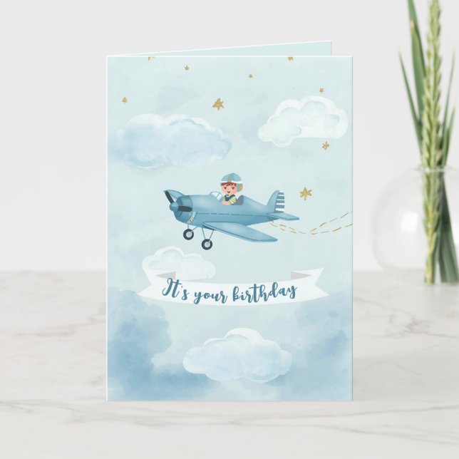 Personalized Blue Airplane Birthday Card (Front)
