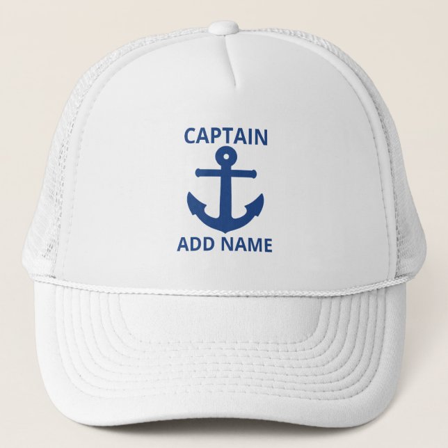 Personalized Blue Anchor Captain Name Trucker Hat (Front)