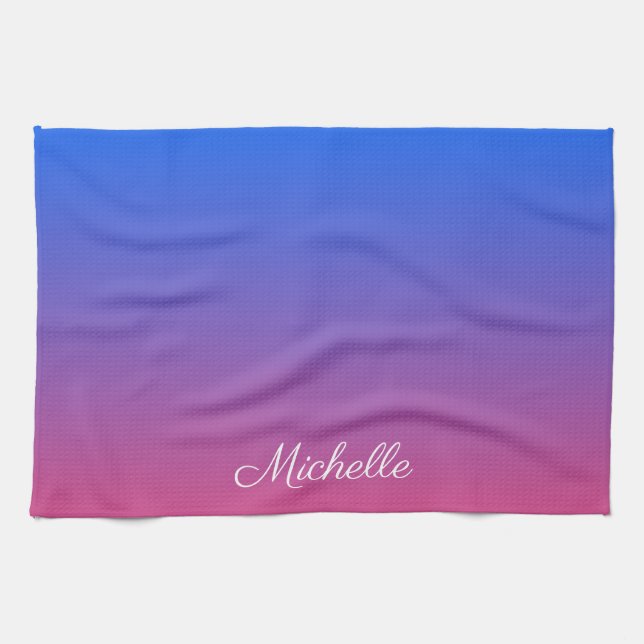 Personalized blue and pink ombre gradient tea towel (Horizontal)