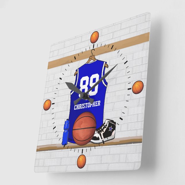 Personalized Blue and White Basketball Jersey Square Wall Clock (Angle)