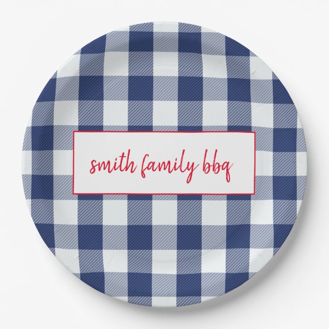 Personalized Blue and White Buffalo Plaid Plates (Front)