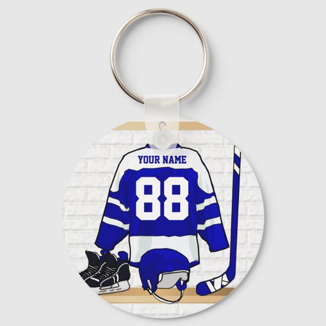 Personalized Blue and White Ice Hockey Jersey Key Ring (Front)