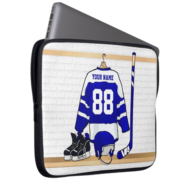 Personalized Blue and White Ice Hockey Jersey Laptop Sleeve (Front Right)
