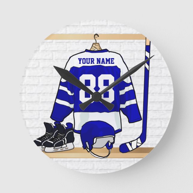 Personalized Blue and White Ice Hockey Jersey Round Clock (Front)