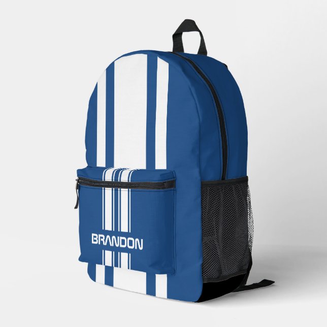 Personalized Blue And White Racing Stripe Printed Backpack (Back Corner Right)