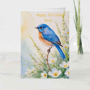 Personalized Blue Bird Flowers Watercolor birthday Foil Greeting Card